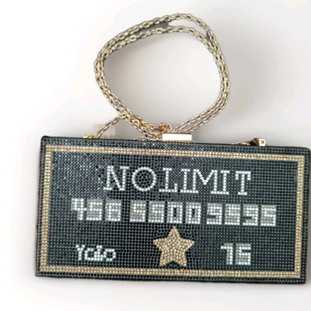 Le Meil Credit Card Box Purse“No Limit” Rhinestone Crossbody W/Strap NWOT Blingy